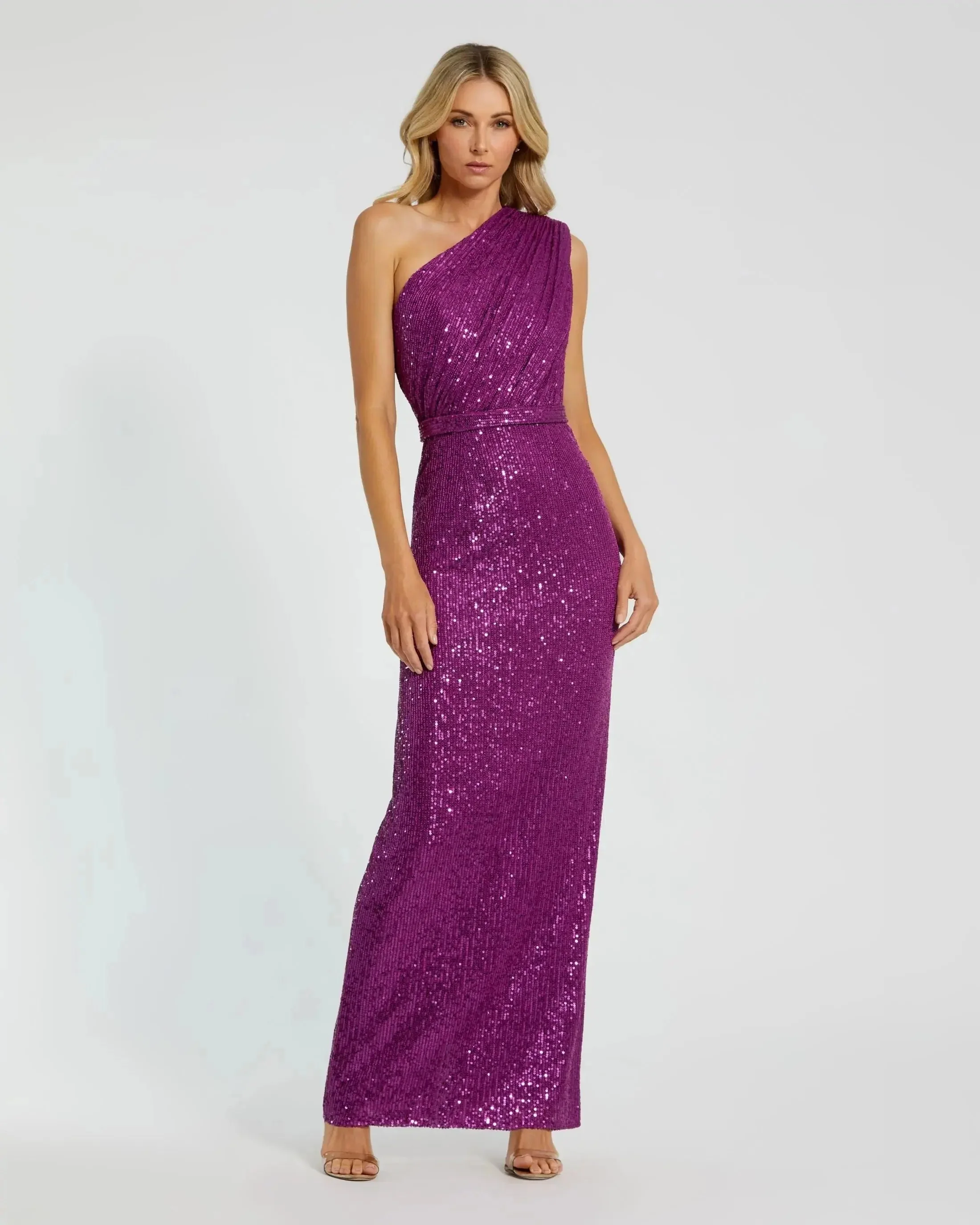Sequined Ruched One Shoulder Gown