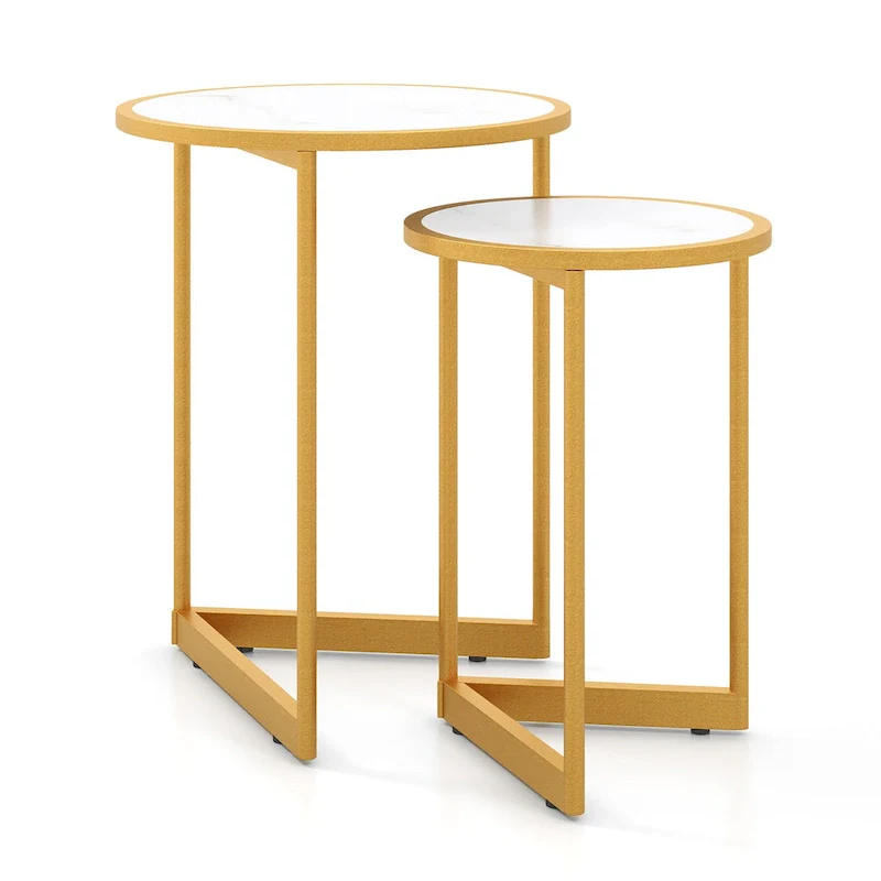 Gymax Round Nesting Side Table Set of 2 Stacking Coffee Tables w/ Faux