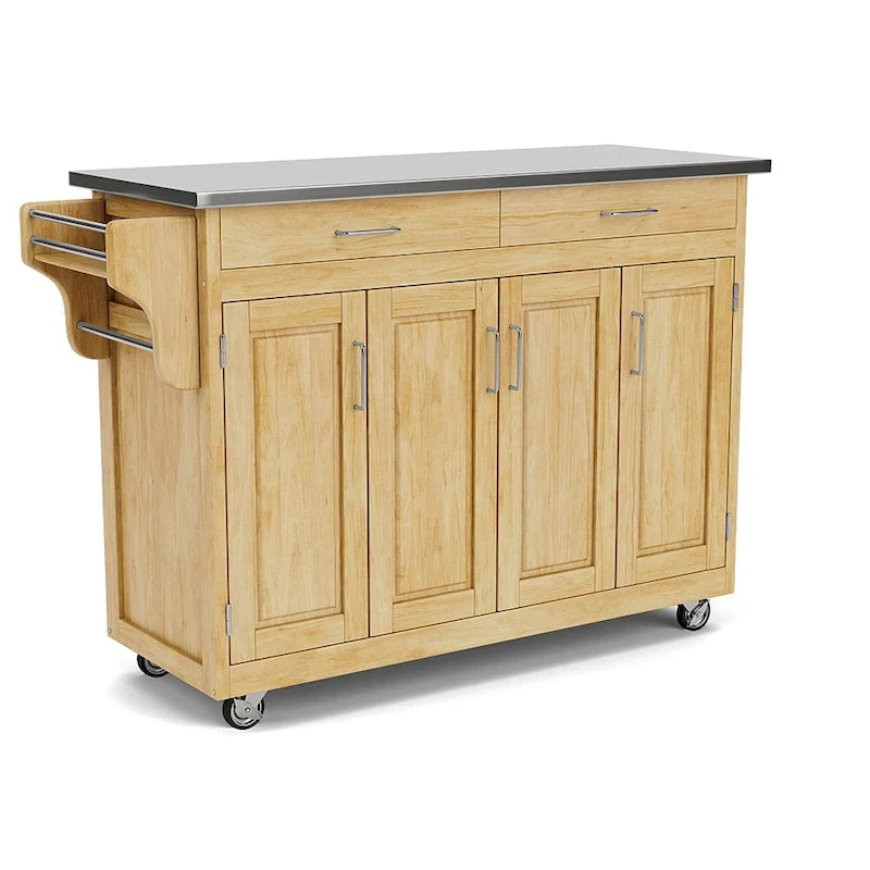 Natural Wood Mobile Kitchen Cart with Stainless Steel Top