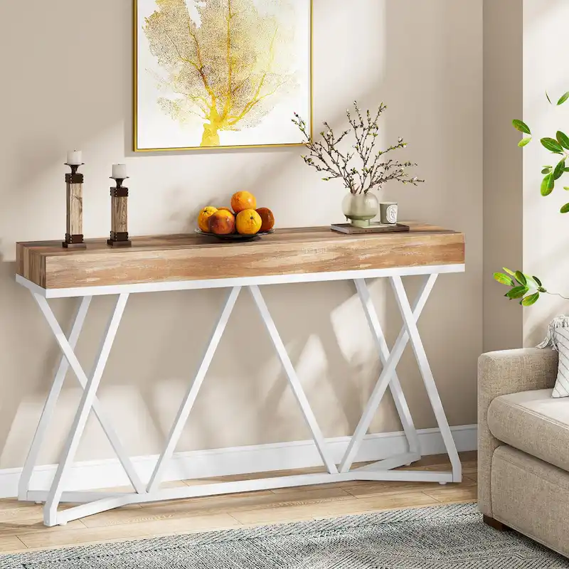 55 Inch Wood Console Table, Sofa Table Entryway Table with Unique Metal Legs
