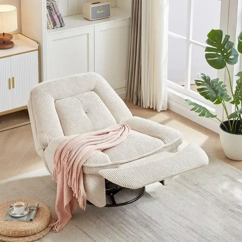 Beige / Grey Corduroy Swivel Glider Recliner – Manual Recline, 360° Swivel, Single Seat