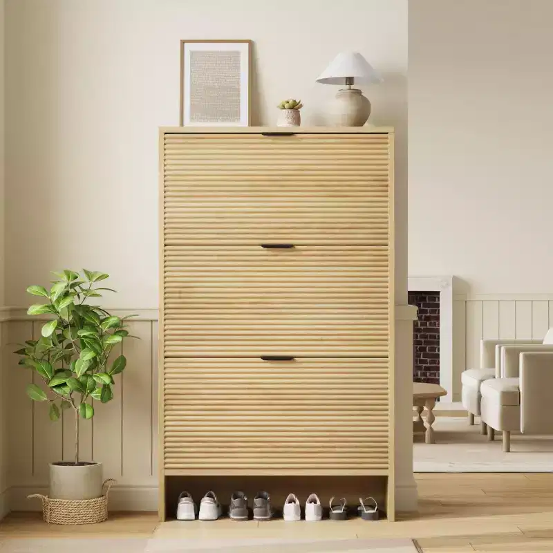 32 Fluted Shoe Rack Cabinet with 3 Flip Doors, Tall Freestanding Hidden Shoe Storage for Entryway, Hallway, Living Room