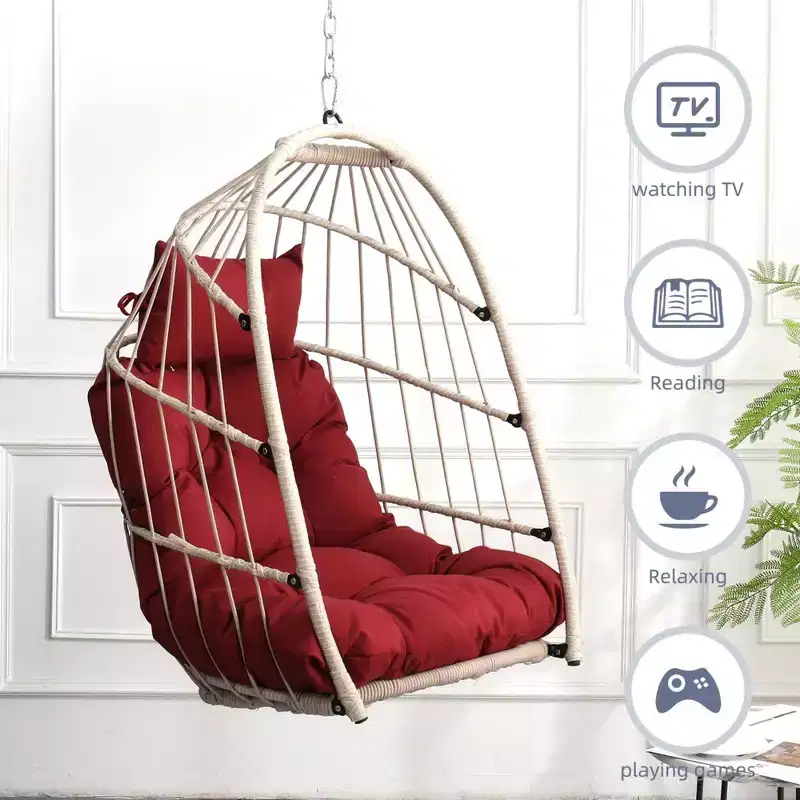 NAYSAYE Patio Swing Rattan Egg Hanging Chair Weather Resistant Comfortable Design for Outdoor Relaxation, Red, 40.5*28.34*22