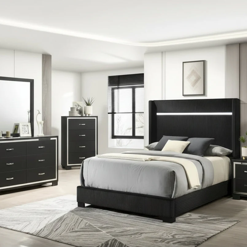 Black Velvet Upholstered Panel Bedroom Furniture