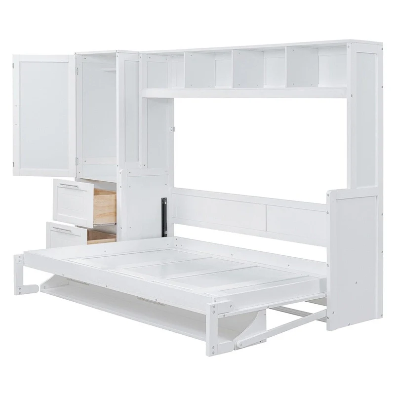Grey/White Queen Murphy Wall Bed with Closet & Drawers, Sleeps 2
