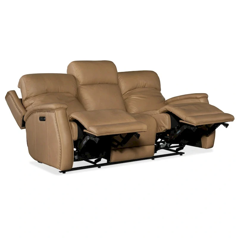Sahara Sand / Ash Leather Power Recliner Sofa with USB Port & Brass Nailhead Trim – 3-Seat