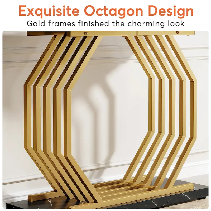 39.37  Gold Console Table, Modern White Marble Sofa Table with Geometric Metal Base