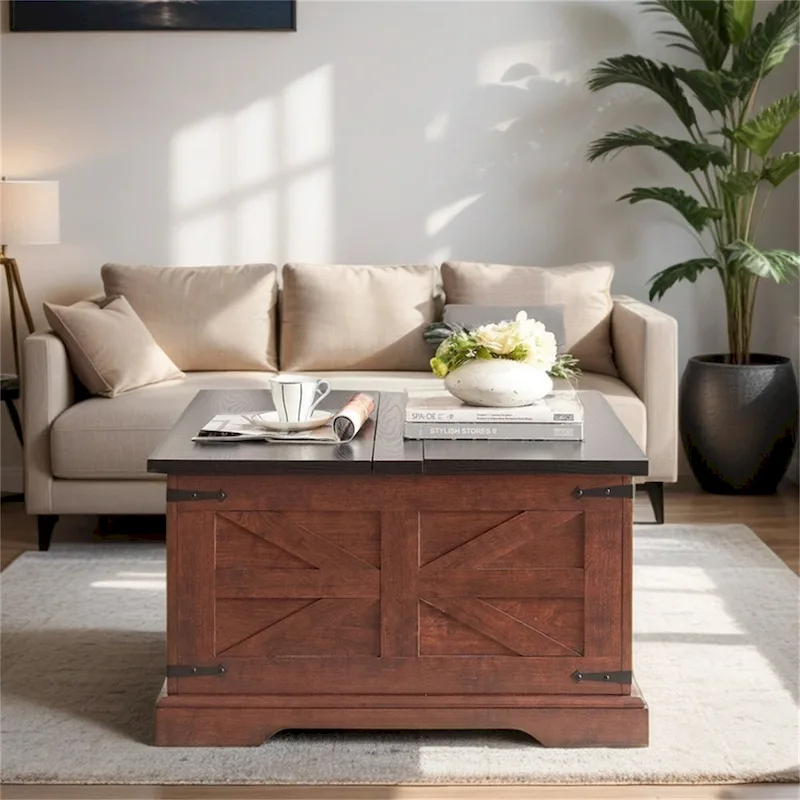 Farmhouse Coffee Table,Square Wood Center Table w/Storage Compartment