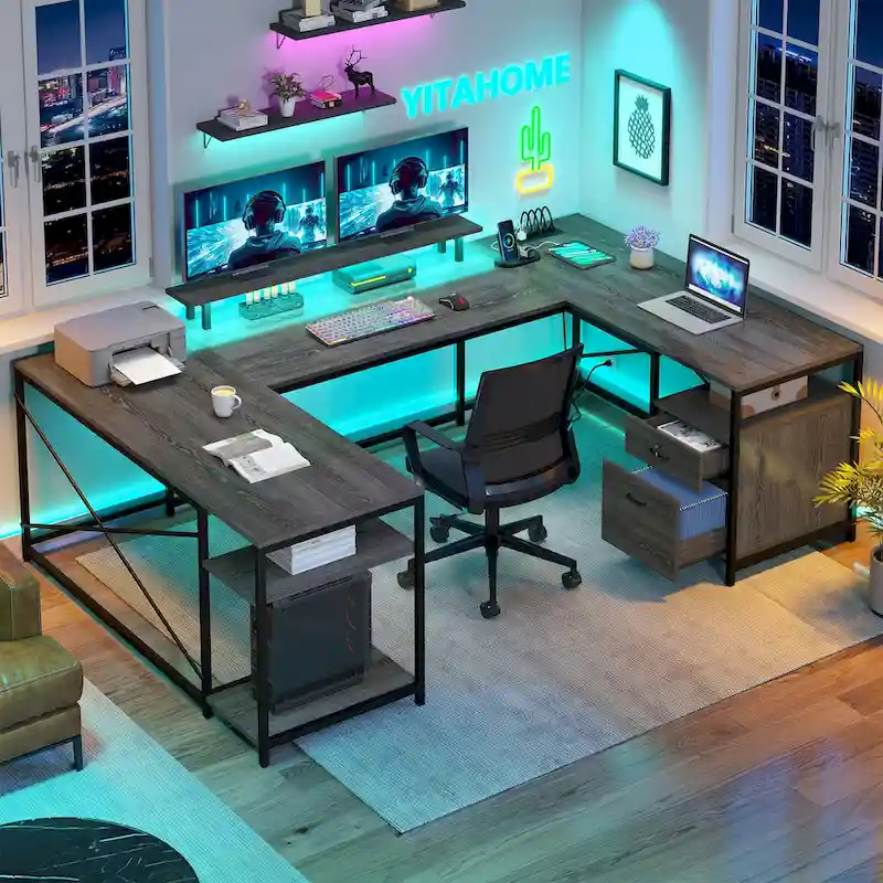 Moasis U-Shaped L-Shaped LED Computer Desk Reversible Corner Home Office Gaming Desk with Power Outlets