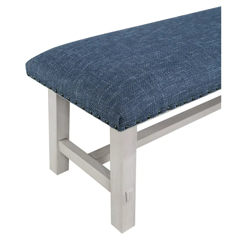 Callen Bench with White Wash Frame and Antique Bronze Nailhead Trim in Navy Fabric