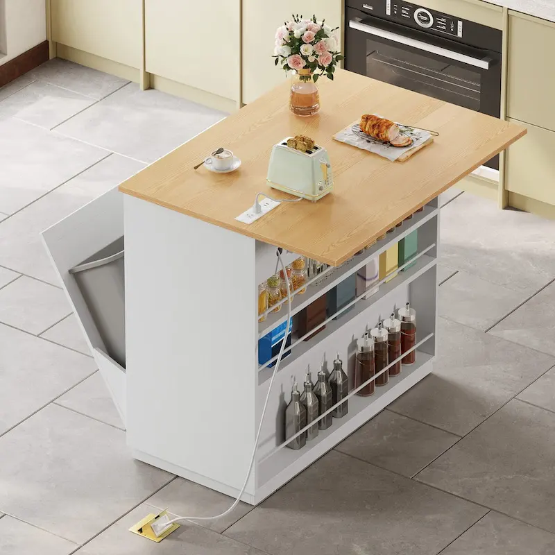 Moasis Kitchen Island Drop Leaf Double Tilt Out Trash Cabinet with Power Outlet & Wheels