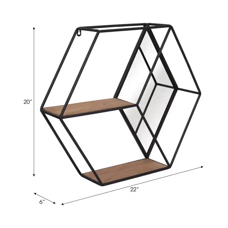 Sagebrook Home 20 Hexagon Mirror Wall Shelf - Contemporary Metal and Wood Black Rustic Mounted Wall Shelf for Home or Office Decor