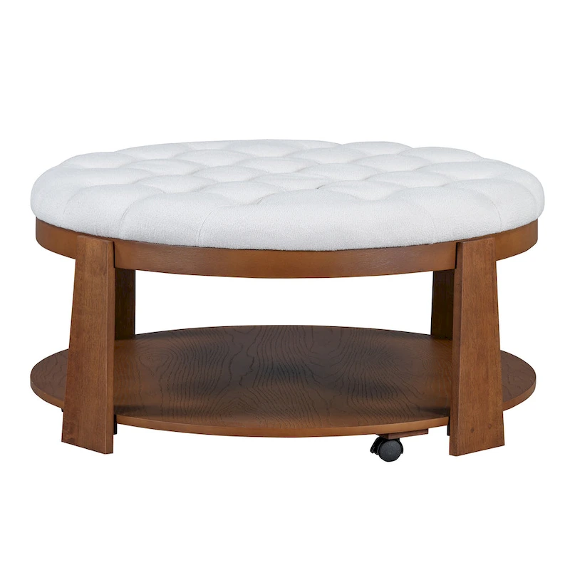 36  Round Button Tufted Upholstered Coffee Table with Wood Shelf and Wheel