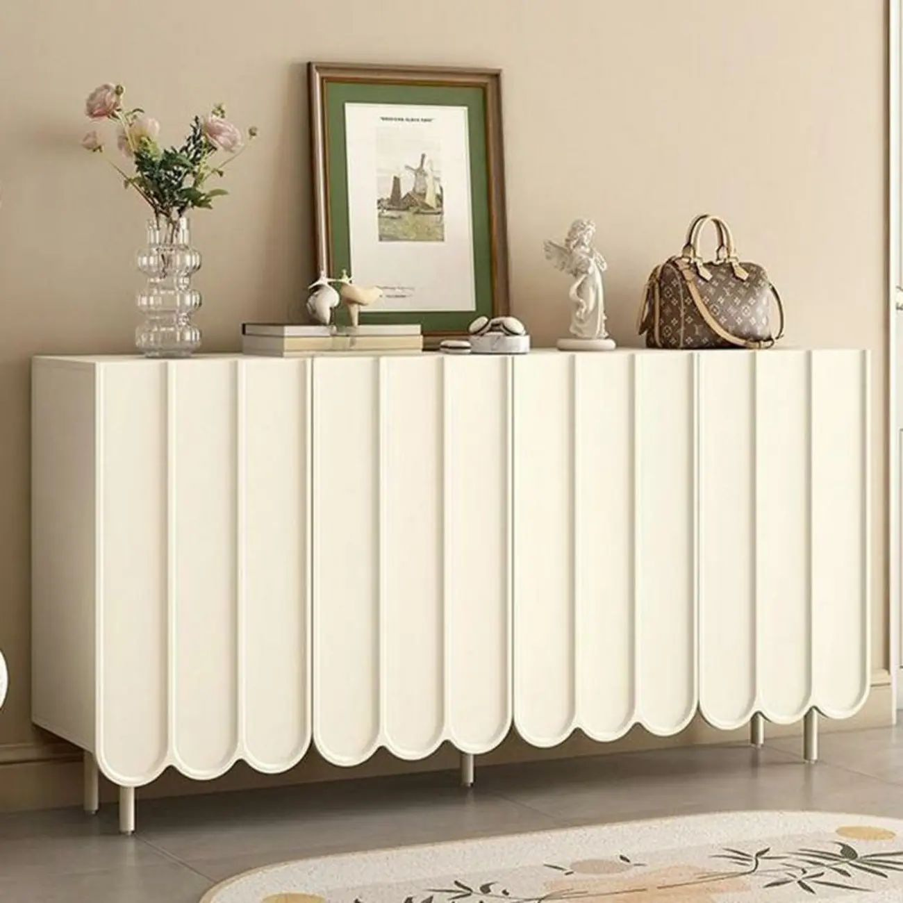 Entryway White Wooden Fluted Front Shoe Cabinet