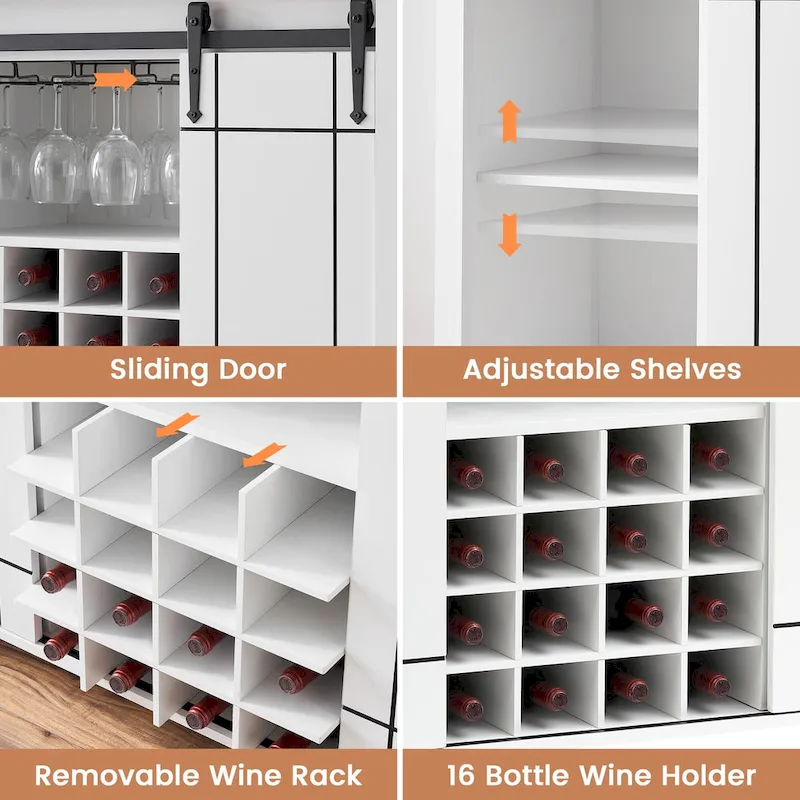 Dark Brown / White Farmhouse Sliding Barn Door Wine Bar Cabinet with 16-Bottle Rack – Single Unit