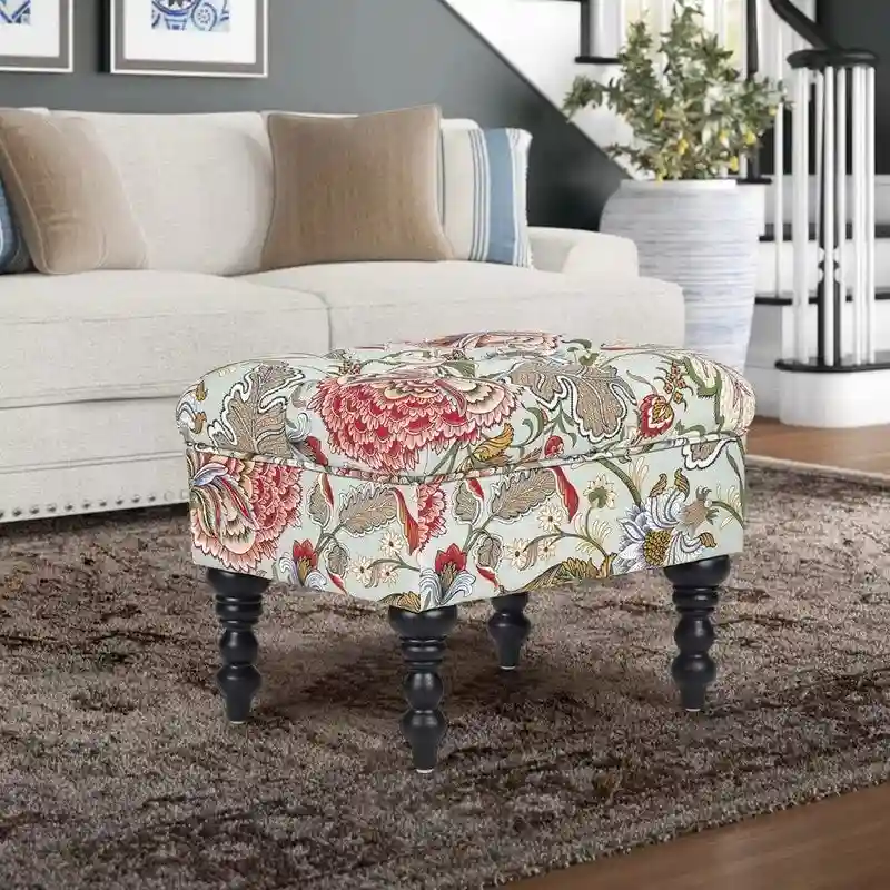 Tufted Floral Ottoman Stool, Embroidery / Beige / Multi / Lime Green, Single