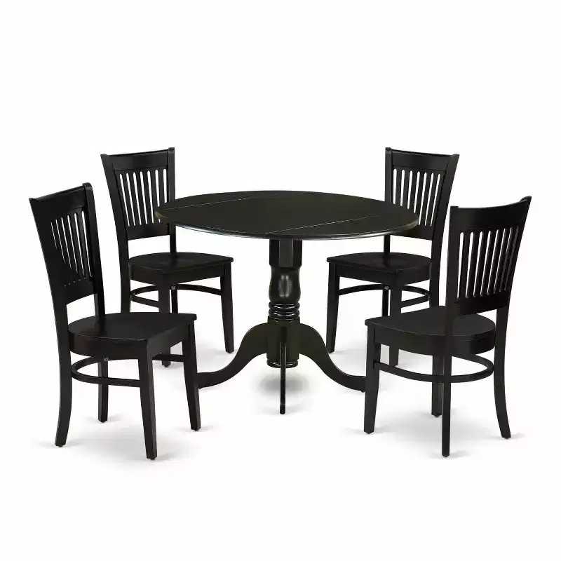 HomeStock 5-Piece Black Finish Solid Wood Top Dining table with 4 Chairs with Drop Leaf Slat Back