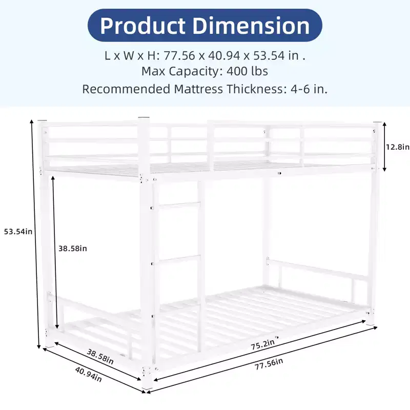 Bellemave Metal Twin over Twin Bunk Bed/ Heavy-duty Sturdy Metal/ Noise Reduced/ Safety Guardrail/No Box Spring Needed,White