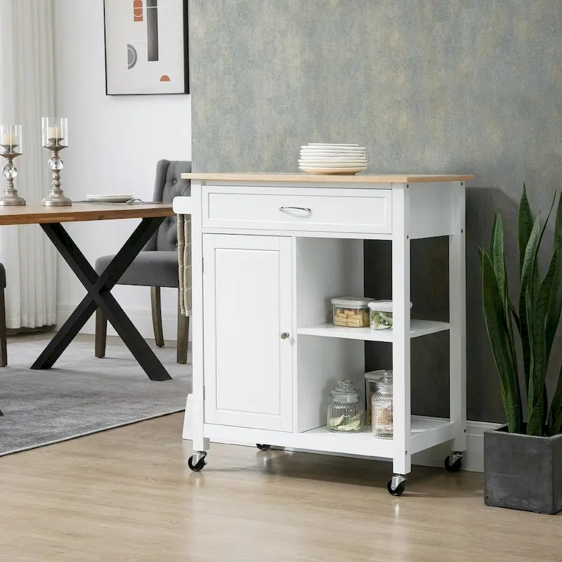 Rolling Kitchen Island Cart with Solid Wood Top and Drawer