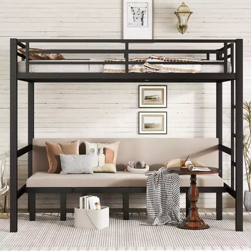 Twin XL/Full/Queen Bunk Bed Metal Loft Bed with Convertible Lower Bunk, Black - ModernLuxe