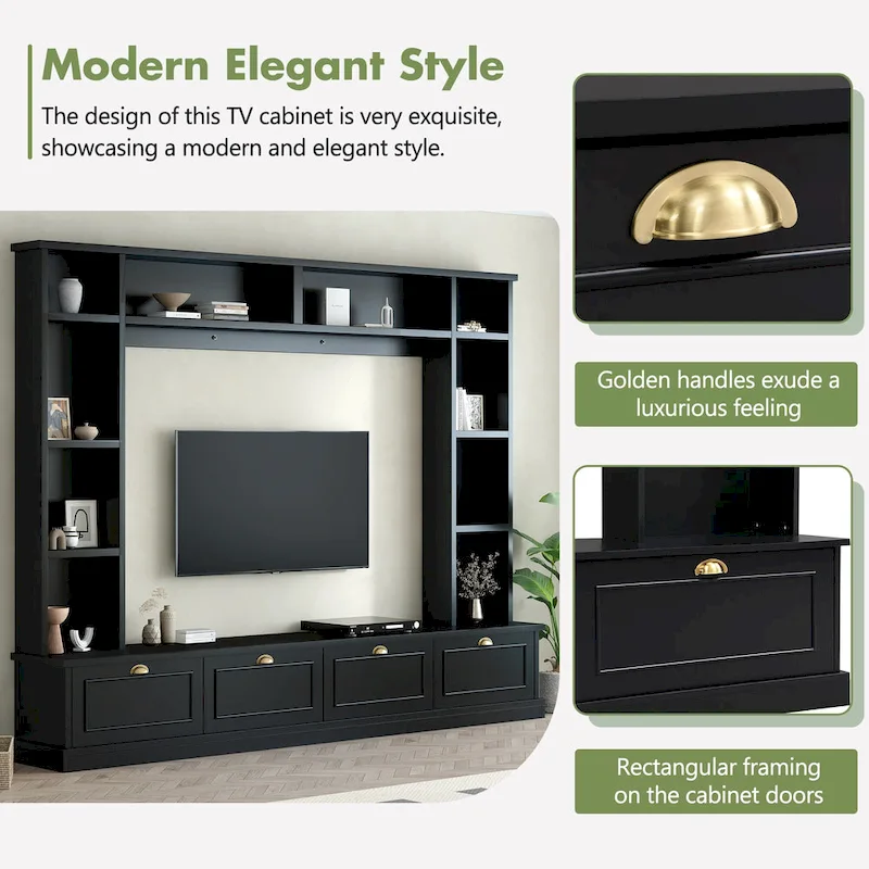 104.2 Wall Unit with TV Stand, Bookshelves, and Cabinets – Black
