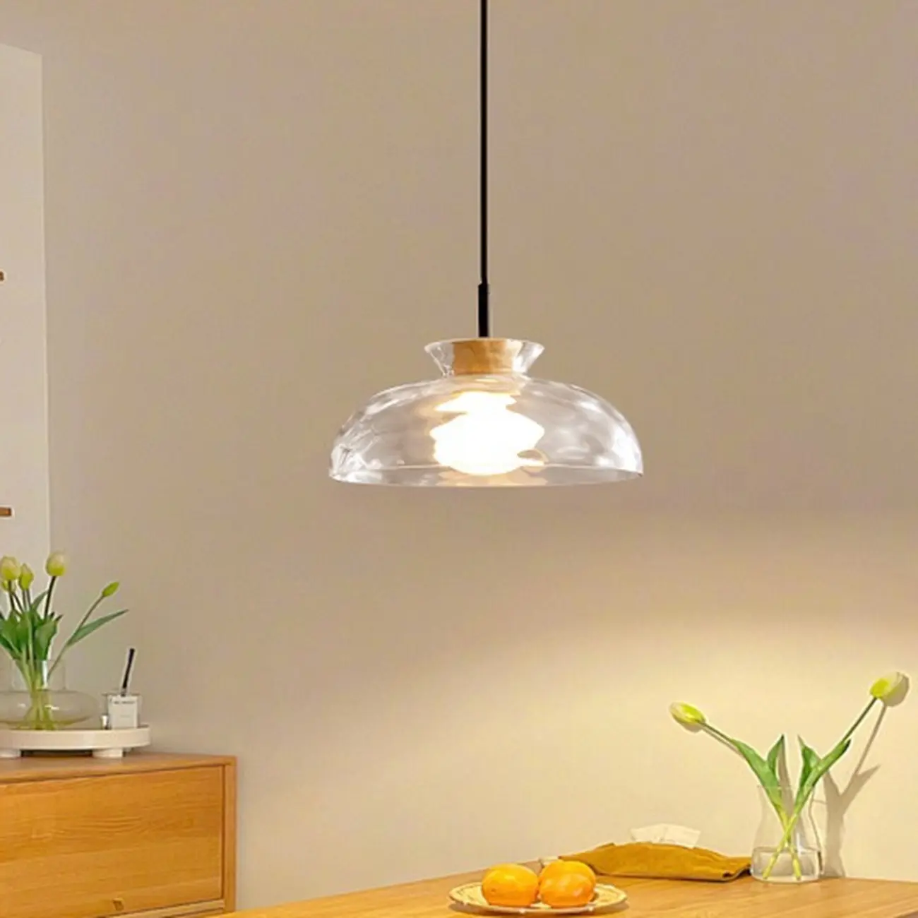 Modern Clear Textured Glass Wood Pendant Light