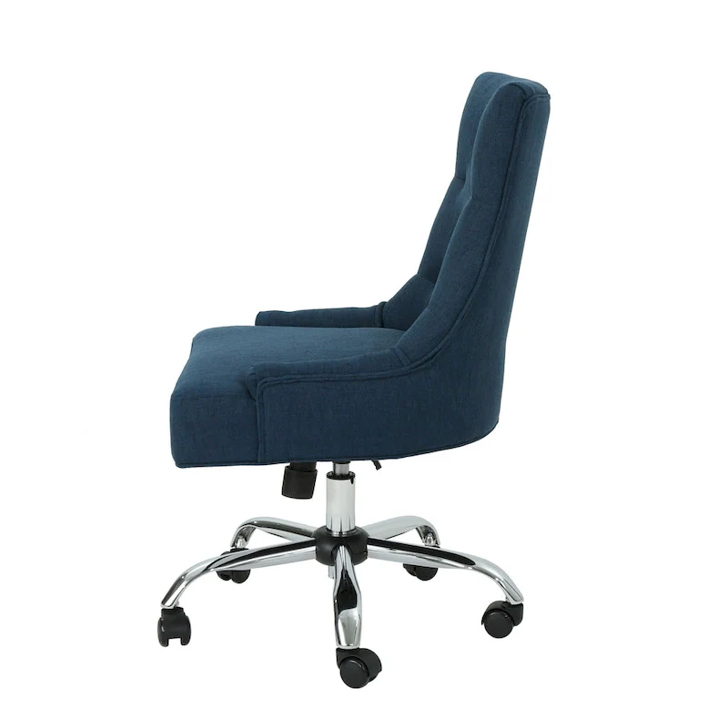 Swivel Office Chair, Navy Blue Fabric, Tufted Back, Rolling Wheels