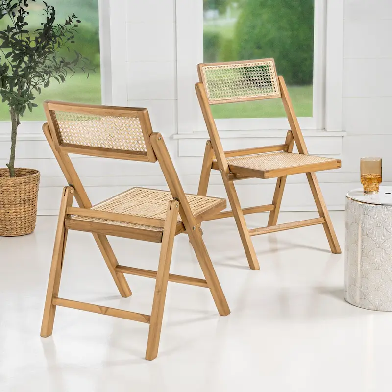 Olivier Mid-Century Vintage Wood Rattan Folding Chair with Adjustable Back, (Set of 2) by JONATHAN Y
