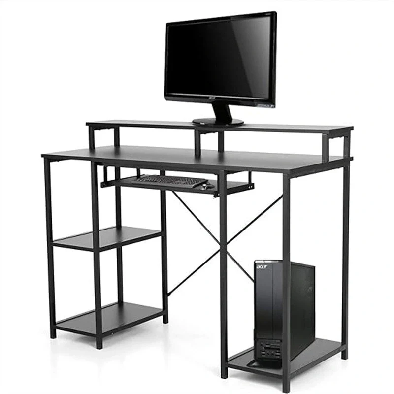 Black Industrial Computer Desk with Shelves & Keyboard Tray, Single Person