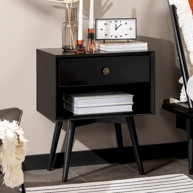 Mid-Century Solid Wood 1-Drawer Nightstand