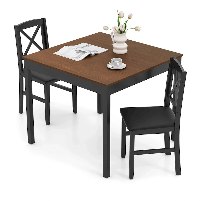 3 PCS Dining Table Set Wooden Square Kitchen Table with 2