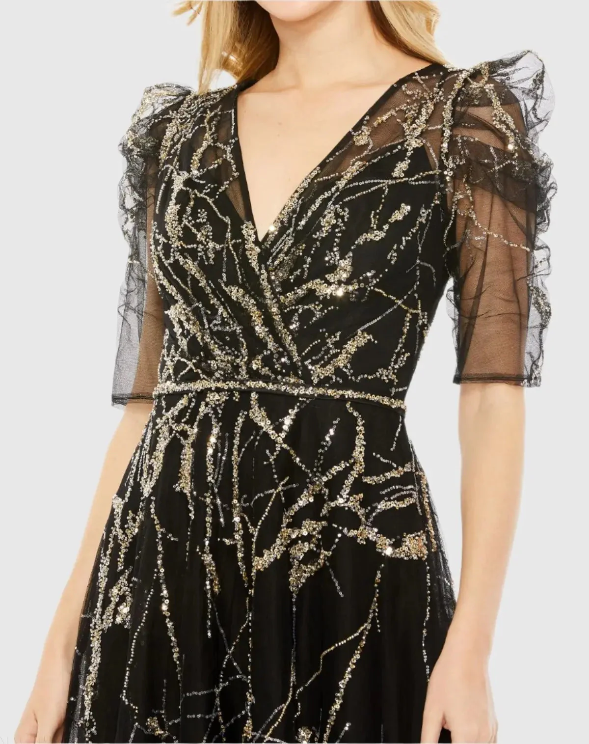 Black Embellished Gathered Puff Sleeve Faux Wrap Gown
