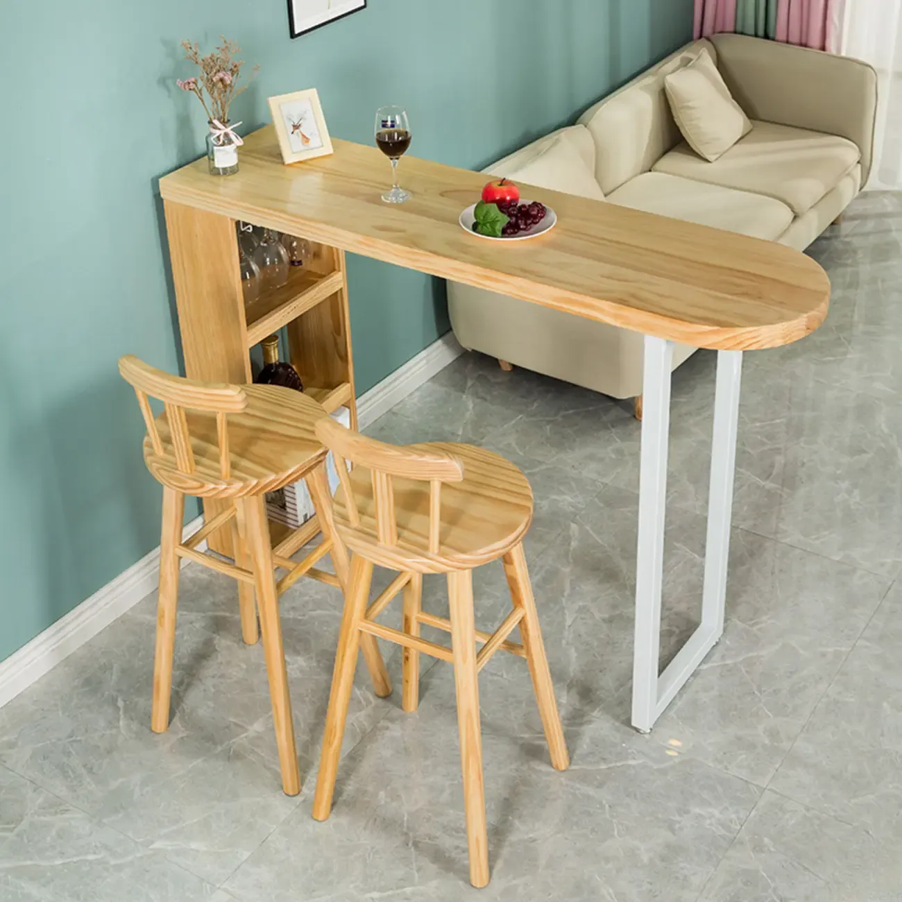 Modern Asymmetrical Wooden Bar Table with Storage and Seating