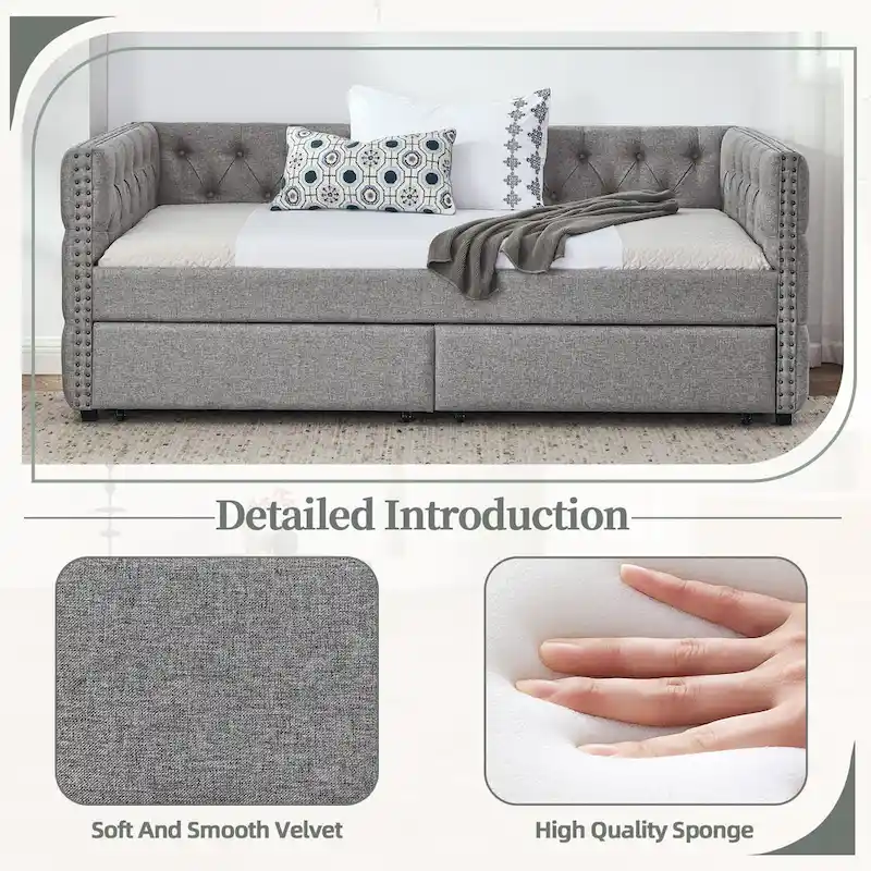 Linen Upholstered Mid-century Modern Twin Size Copper Nail Daybed Sofa with Two Drawers