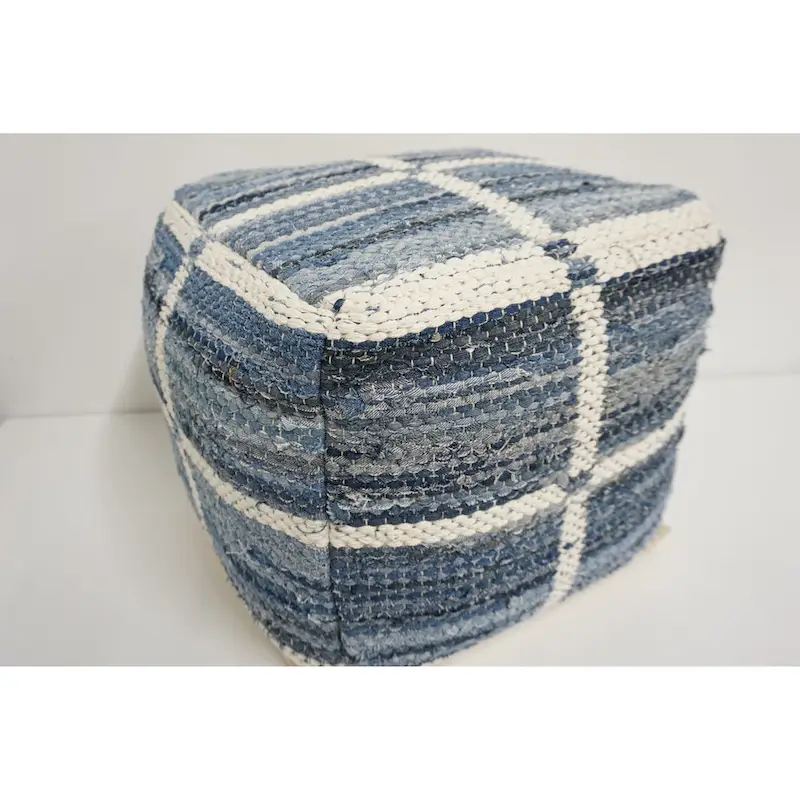 Blue Wool & Cotton Pouf, Medium, Seats 1
