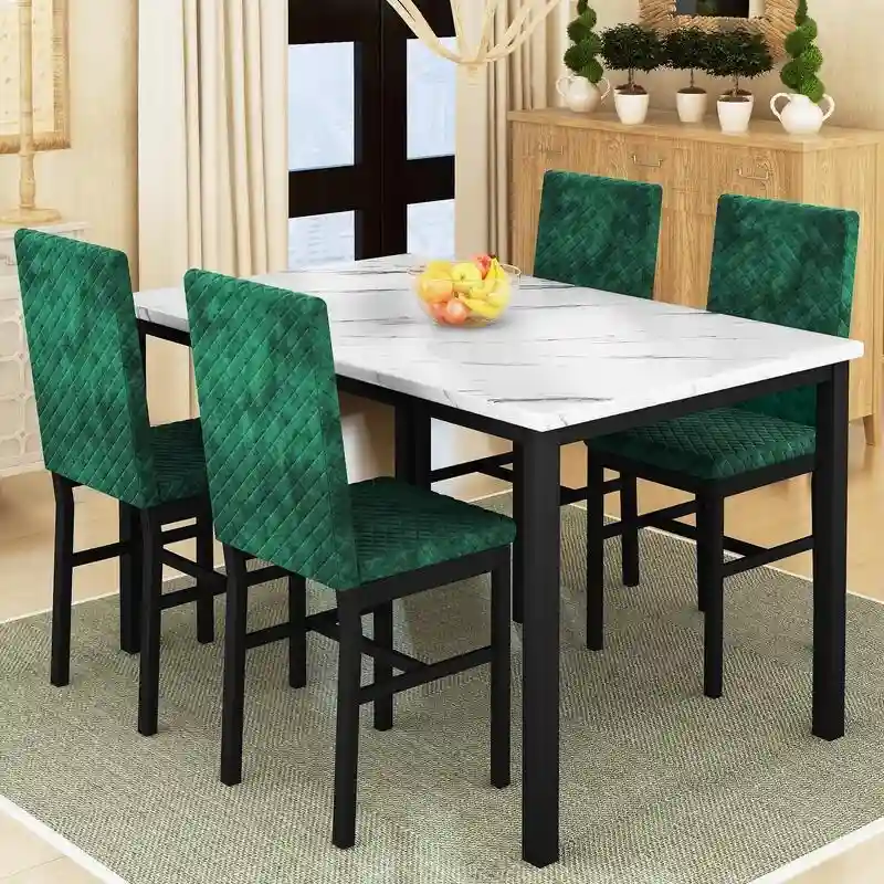 Grondin 5-Piece Dining Room Table Set with Faux Marble Table Top and Diamond Stitching Velvet Upholstery Dining Chairs