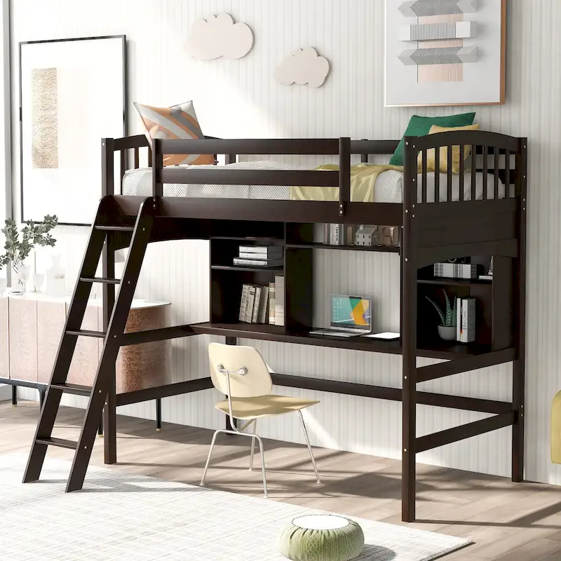 Twin Loft Bed with Desk & Shelves — Espresso / Grey / White, 1-Person
