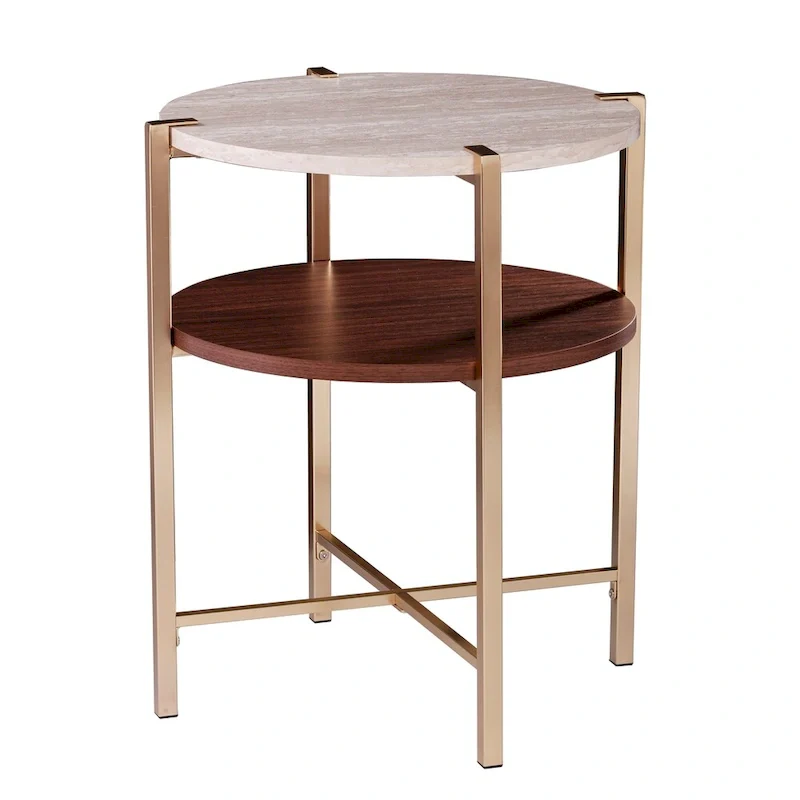 White/Brown Round Two-Tier Side Table with Faux Marble Top & Wood Shelf