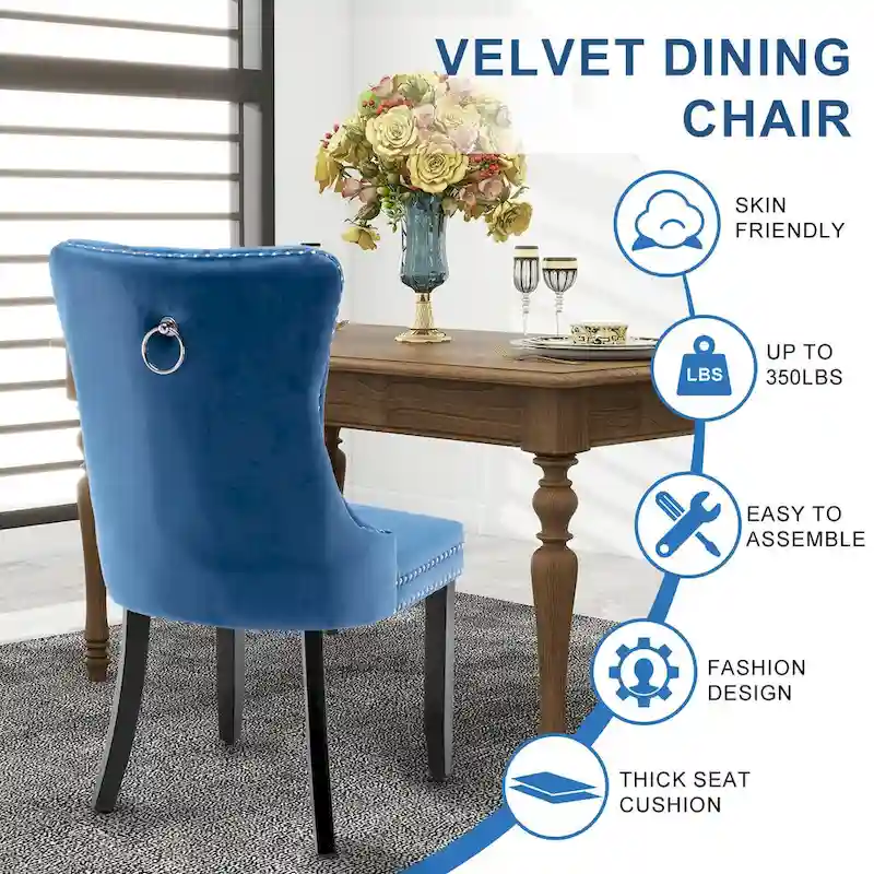 Velvet Dining Chairs, Tufted Solid Wood Armless Chairs Accent Chair with Nailhead Trim and Back Ring Pull