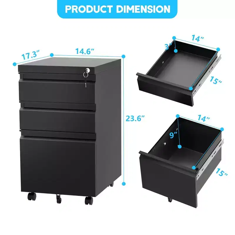 3-Drawer Mobile File Cabinet for Home Office Under Desk Storage with Locking Keys for Legal/Letter/A4 Files