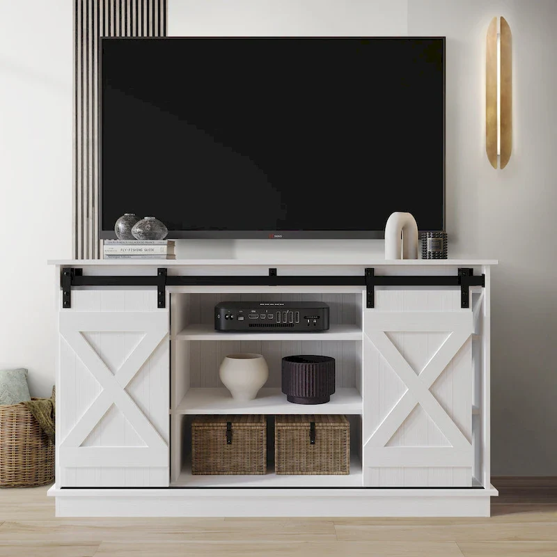 Vintage X-Shaped TV Stand Console with Sliding Barn Doors & Open Shelves – Natural Oak / White / Light Grey / Brown / Sanremo Light Oak / Dark Grey / Walnut