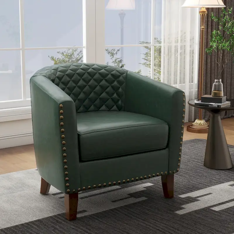 Modern Armchair Faux Leather Nailhead Trim Swivel Accent Chair