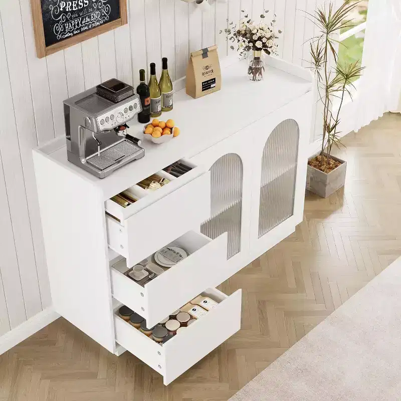 COZONY 48 Buffet Cabinet with 3 Drawers, Glass Doors & LED Lights, Modern Sideboard Storage Coffee Bar for Kitchen Dining Room