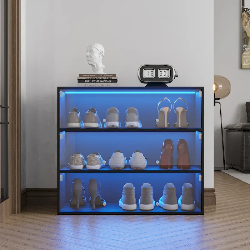 Black Glass Door Shoe Storage Cabinet with RGB LED, Stackable, 1 Unit