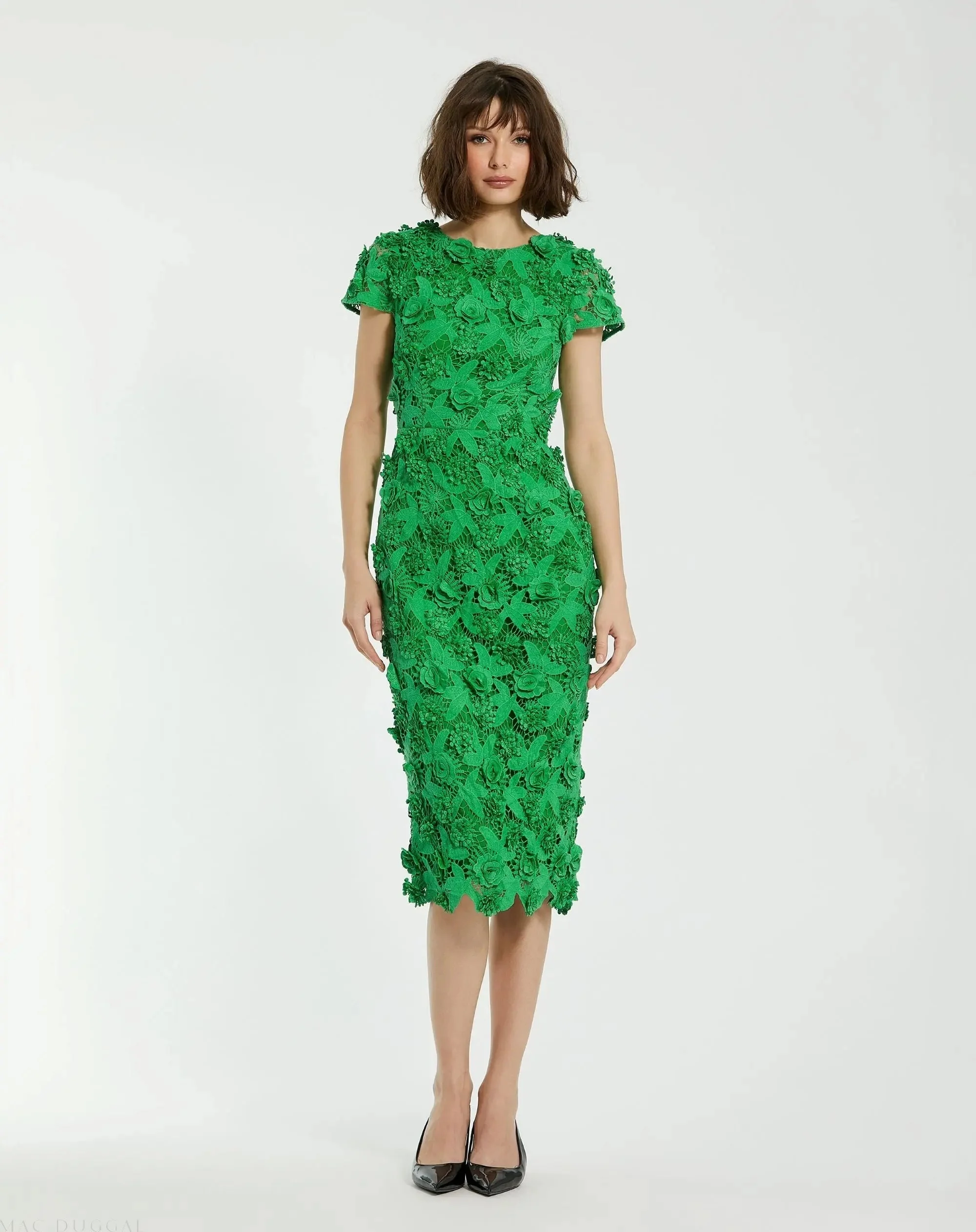 Green Floral Lace Fitted Short Sleeve Midi Dress