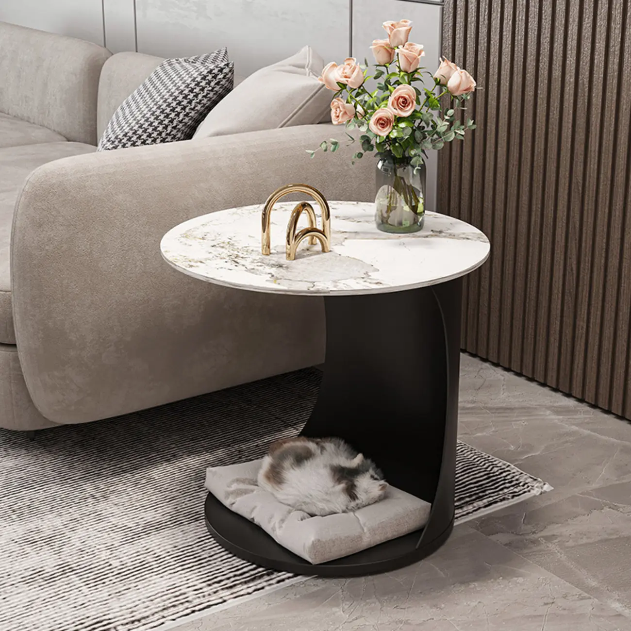 Classic C-Shaped White Marble Side Table with Gold Metal Base