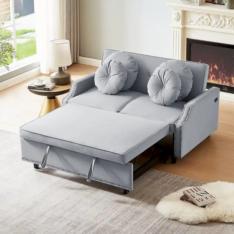 Loveseat Sofa Bed with Adjustable Button Tufted Backrest, 2 USB Ports and 4 Pillows