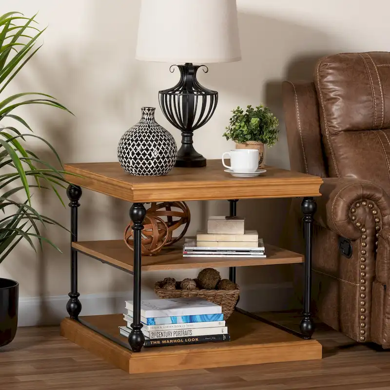 Sebastian Traditional Industrial Wood and Black Metal 3-Tier End Table