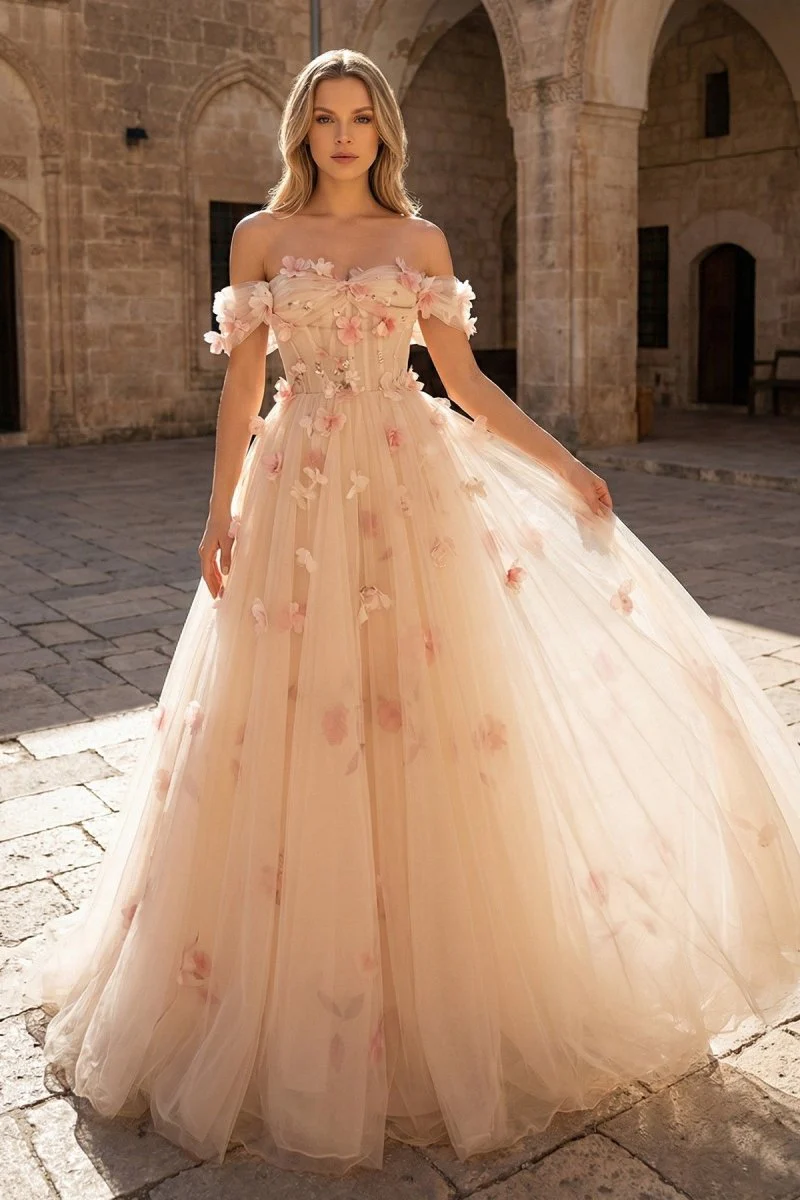 Champagne Off the Shoulder Tulle Floral Floor Length Long Prom Dresses
