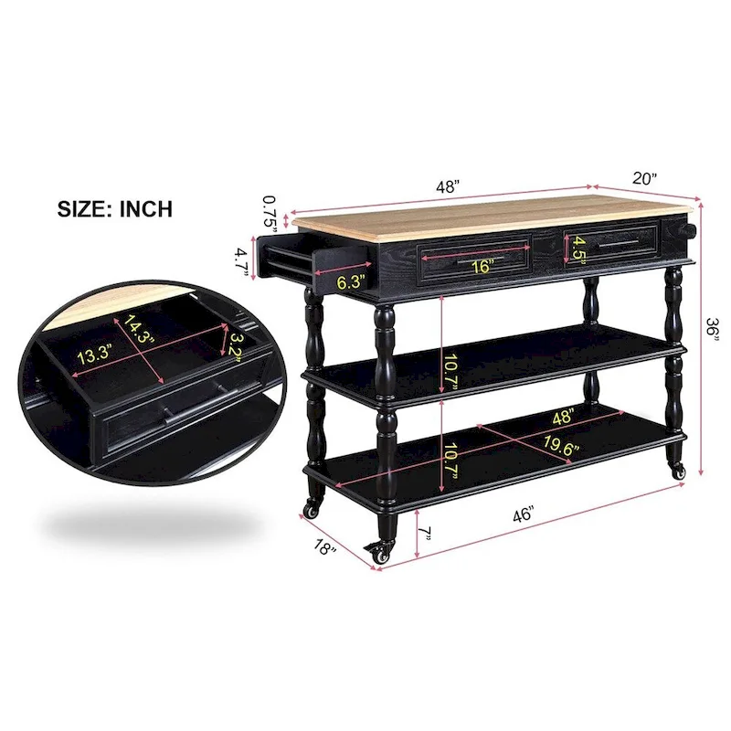 Rolling OAK Wood Top Kitchen Cart with Wine Rack and 2 Drawers